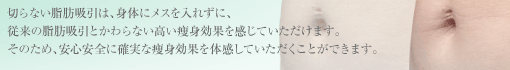 切らない脂肪吸引は、身体にメスを入れずに、従来の脂肪吸引とかわらない高い痩身効果を感じていただけます。そのため、安心安全に確実な痩身効果を体感していただくことができます。