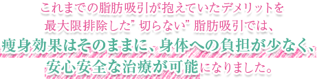 れまでの脂肪吸引が抱えていたデメリットを最大限排除した”切らない”脂肪吸引では、痩身効果はそのままに、身体への負担が少なく、安心安全な治療が可能になりました。