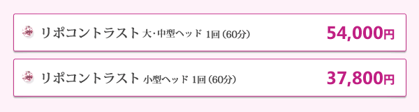 リポコントラスト　中型ヘッド1回（60分）　129,600円　　リポコントラスト　小型ヘッド1回（60分）　86,400円