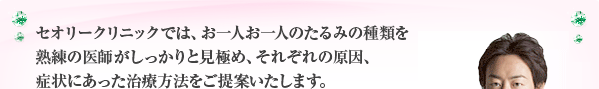 セオリークリニックでは、お一人お一人のたるみの種類を熟練の医師がしっかりと見極め、それぞれの原因、症状にあった治療方法をご提案いたします。