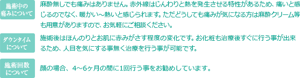 施術中の痛みについて麻酔無しでも痛みはありません。赤外線はじんわりと熱を発生させる特性があるため、痛いと感じるのでなく、暖かい～熱いと感じられます。ただどうしても痛みが気になる方は麻酔クリーム等も用意がありますので、お気軽にご相談ください。ダウンタイムについて施術後はほんのりとお肌に赤みがさす程度の変化です。お化粧も治療後すぐに行う事が出来るため、人目を気にする事無く治療を行う事が可能です。施術回数について顔の場合には月に１回のペースで3～4回行う事をお勧めしています。